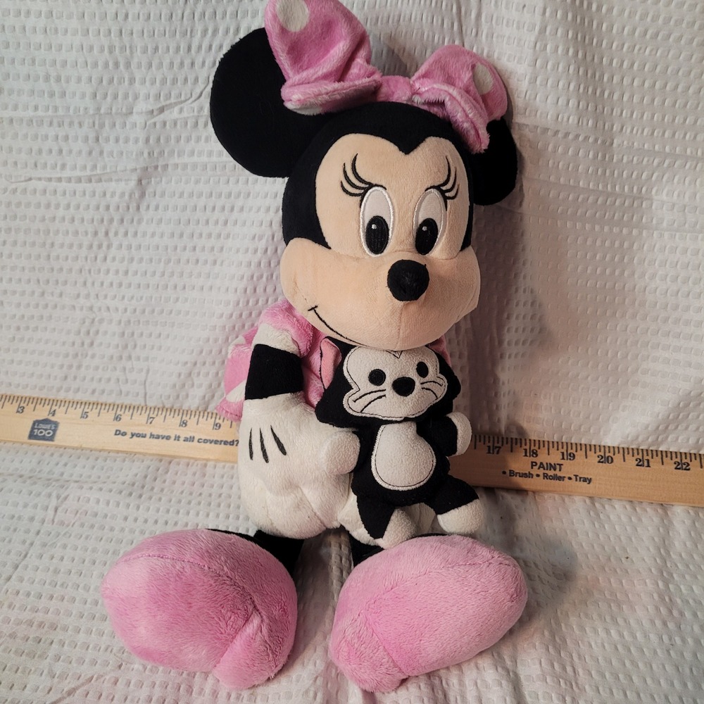 Disney Minnie Mouse Plush Holding Figaro Cat Pink Polka Dot Dress Just Play 12"